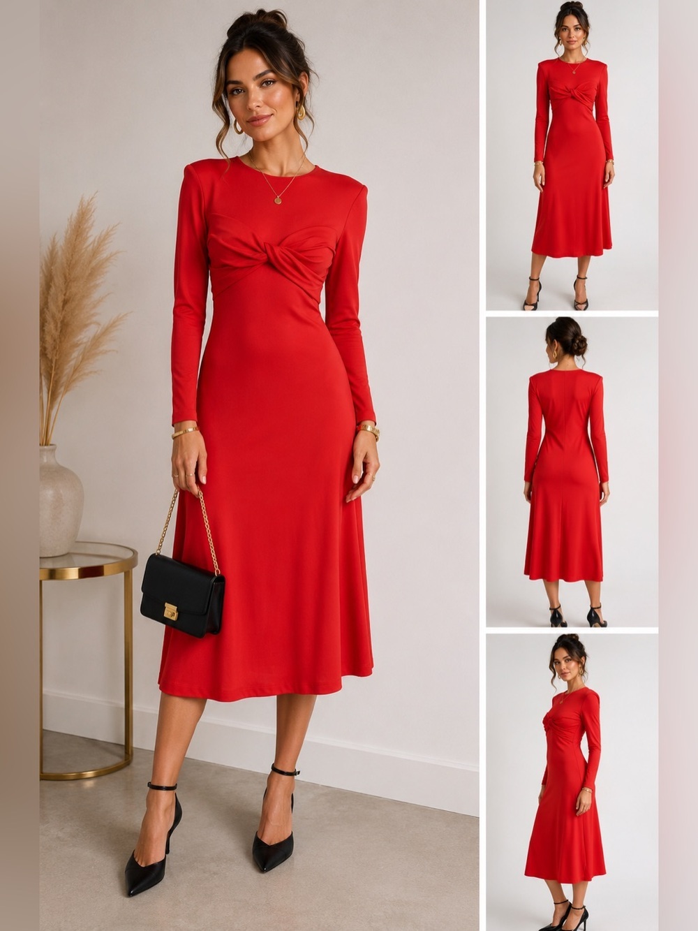 FARM Rio Long Sleeve Midi Dress. Color: Red. Size:M